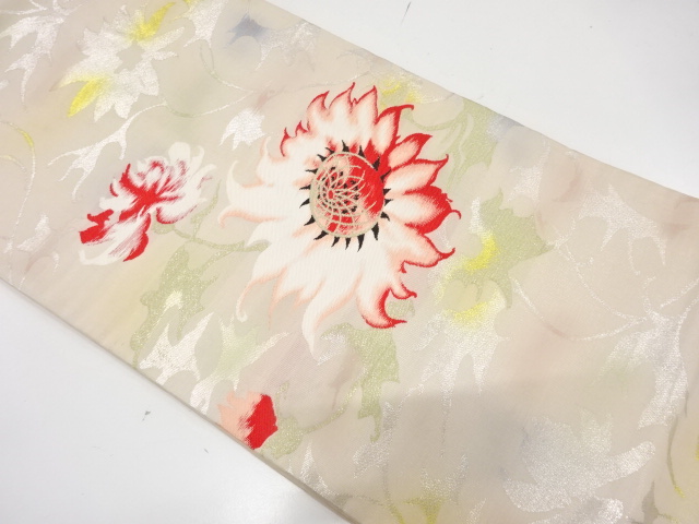 JAPANESE KIMONO / ANTIQUE SUMMER NAGOYA OBI / SILK / WOVEN FLOWER